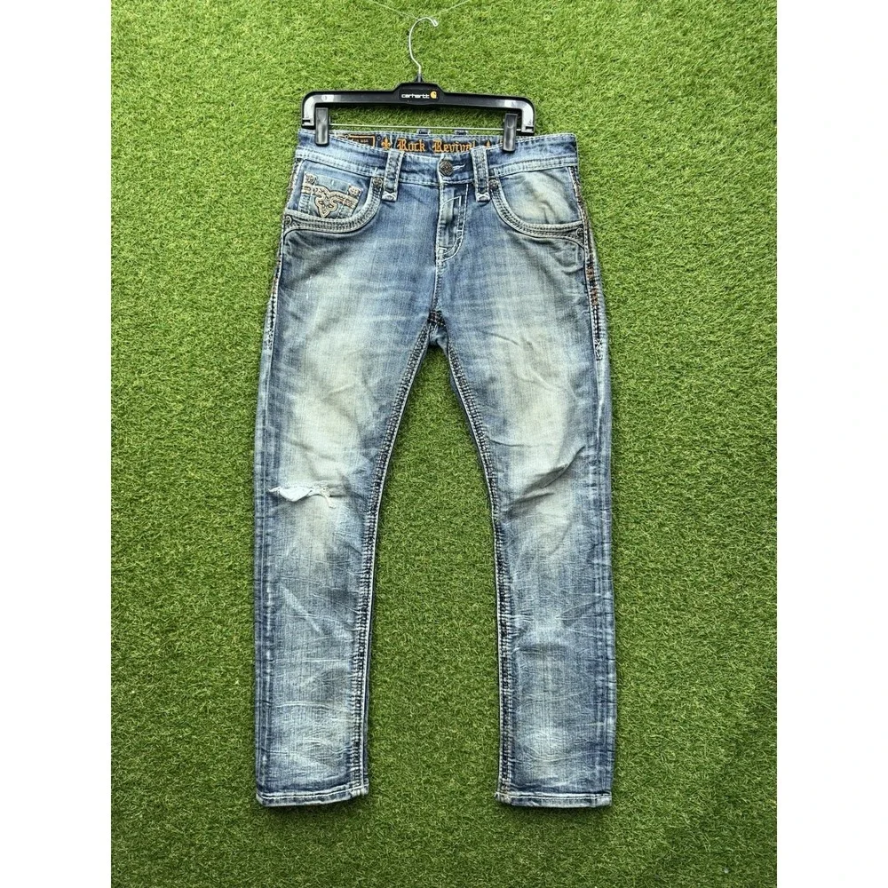 Rock Revival Jeans Men 31 Blue Priam Straight Thick Stitch Flap Pockets Grunge